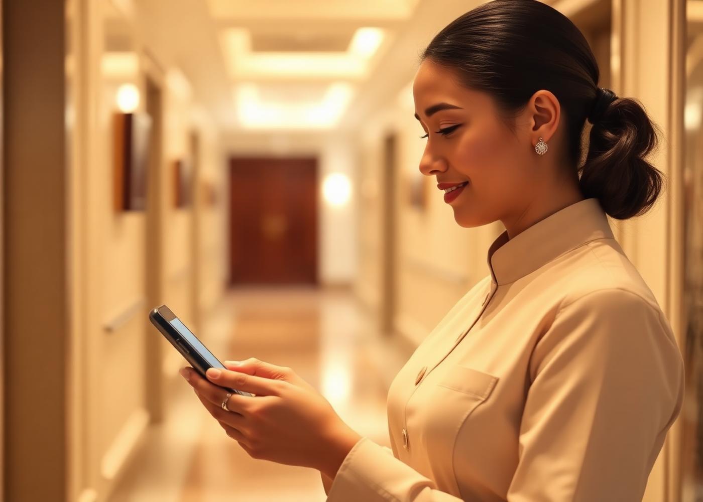 Hotel housekeeper using CheckPilot on her phone in a guest corridor