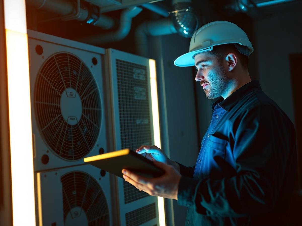 Hotel maintenance engineer inspecting HVAC equipment with a tablet